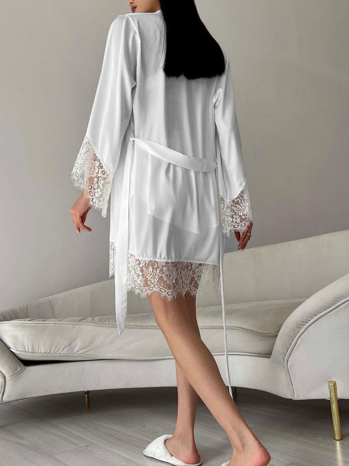 White Lace Trim 3-Piece Cami Cardigan and Shorts Lounge Set