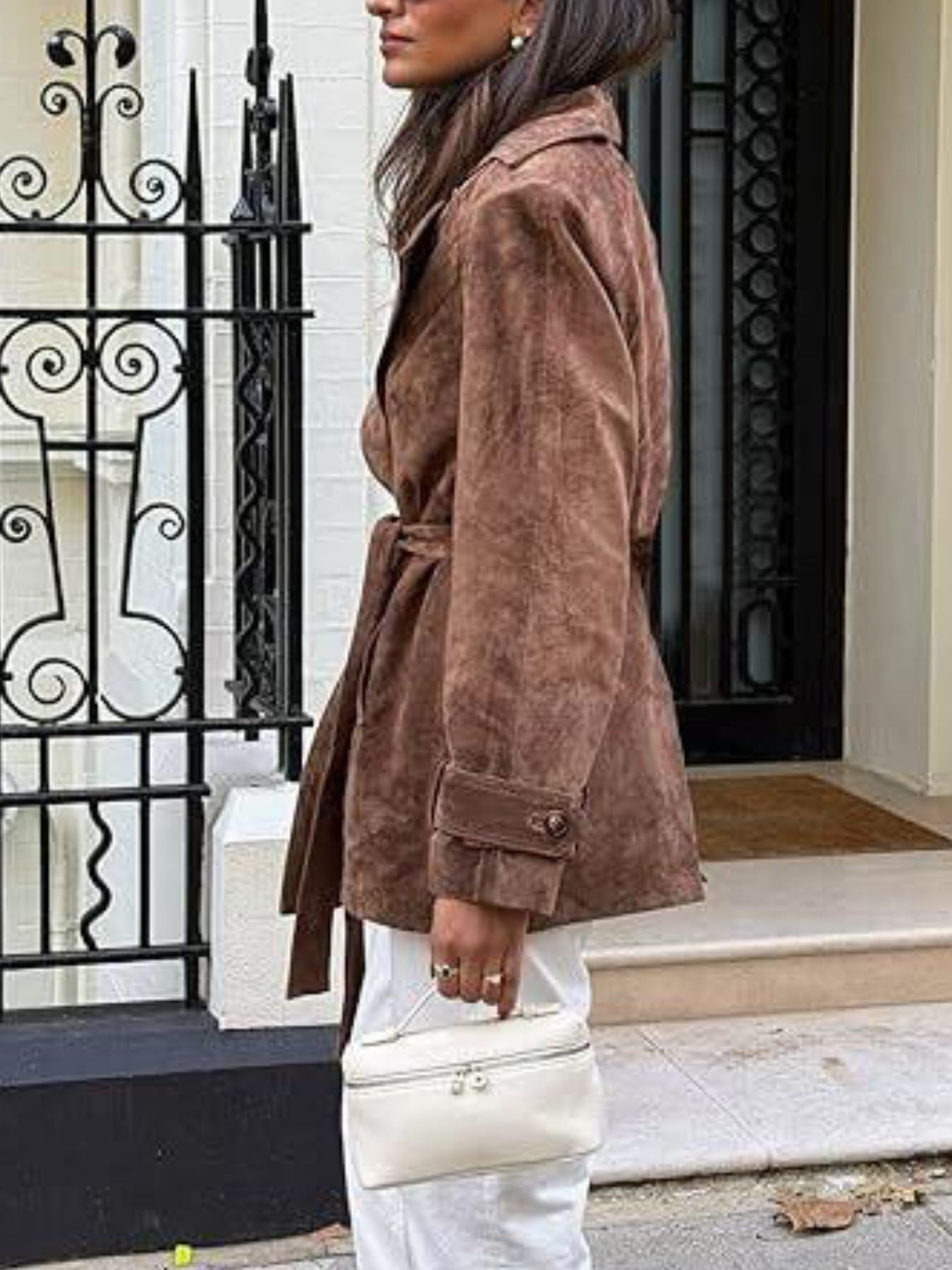 Women's Brown Double-Breasted Tie Waist Suede-Look Coat