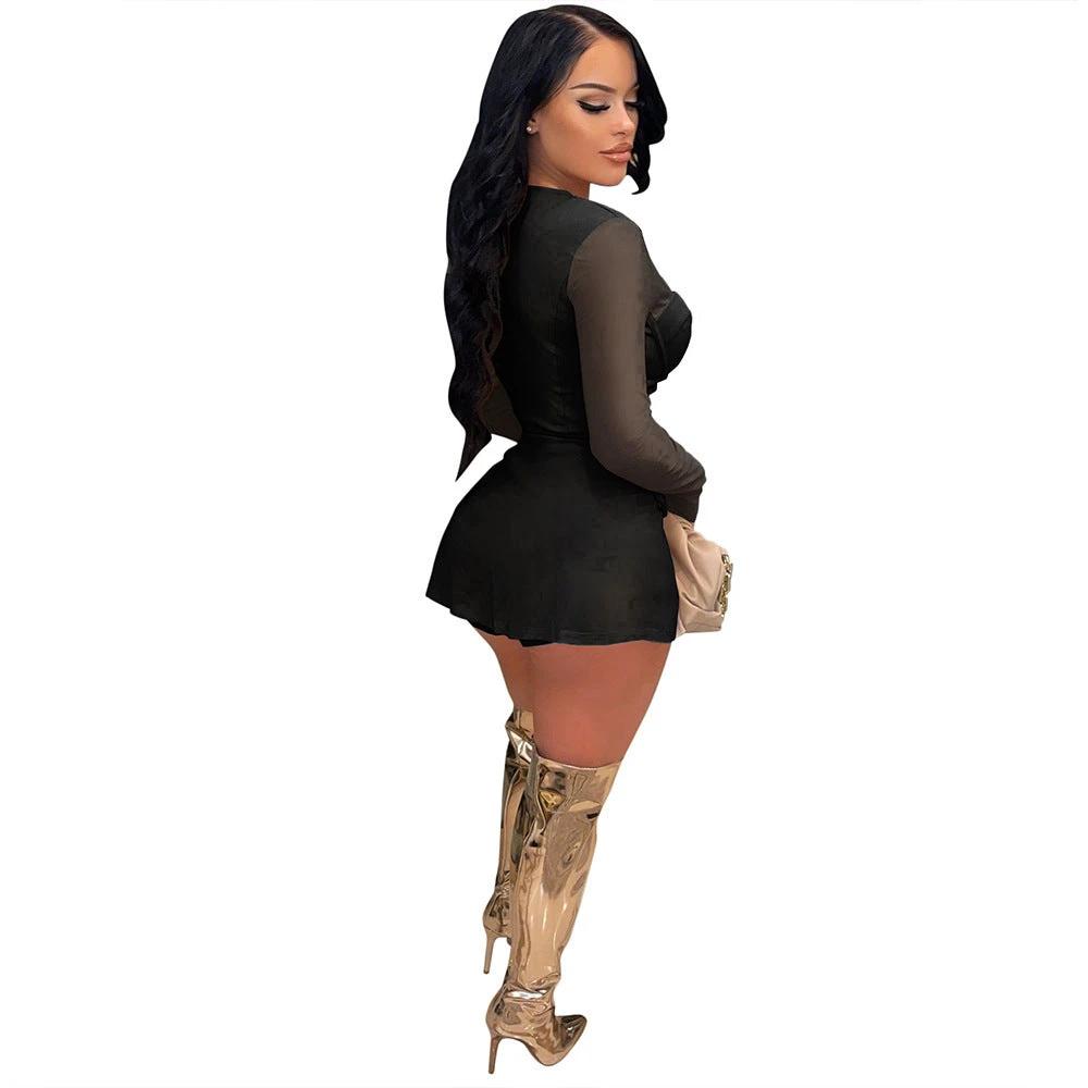 Gauze Mesh Sheer Two Piece Sportswear Women Zip Top Black Shorts Set