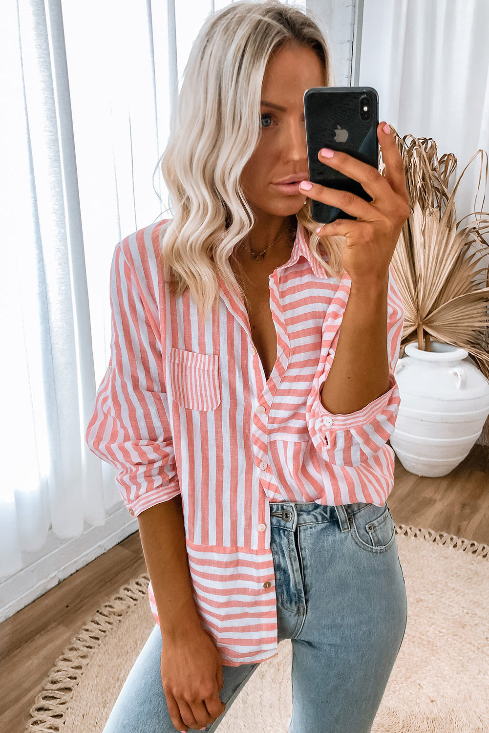 Pink Stripe Buttoned Long Sleeve Casual Women's Blouse