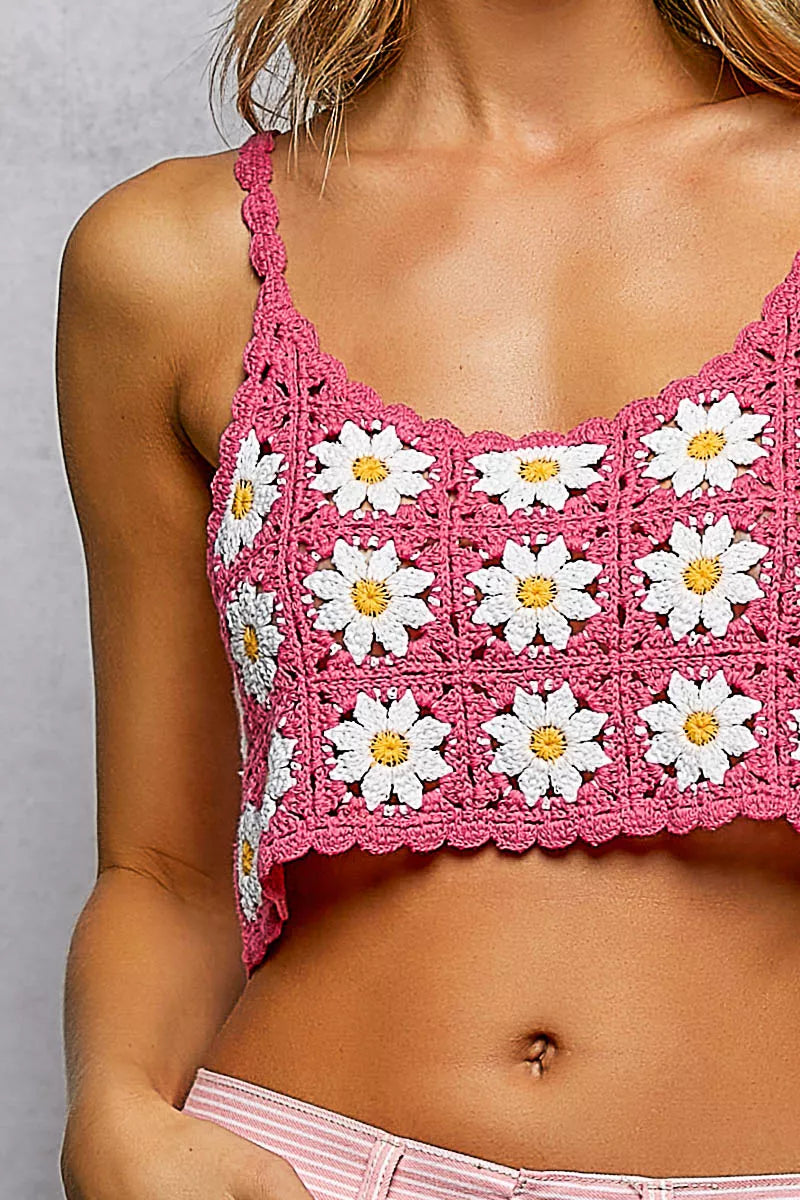 POL Floral Crochet Cropped Cami With Scalloped Edge Women Boho Summer Top Wardrobe Essential