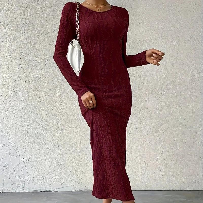 Women's Crew Neck Long Sleeve Ribbed Dress Side Slit Knit Bodycon Midi Dress
