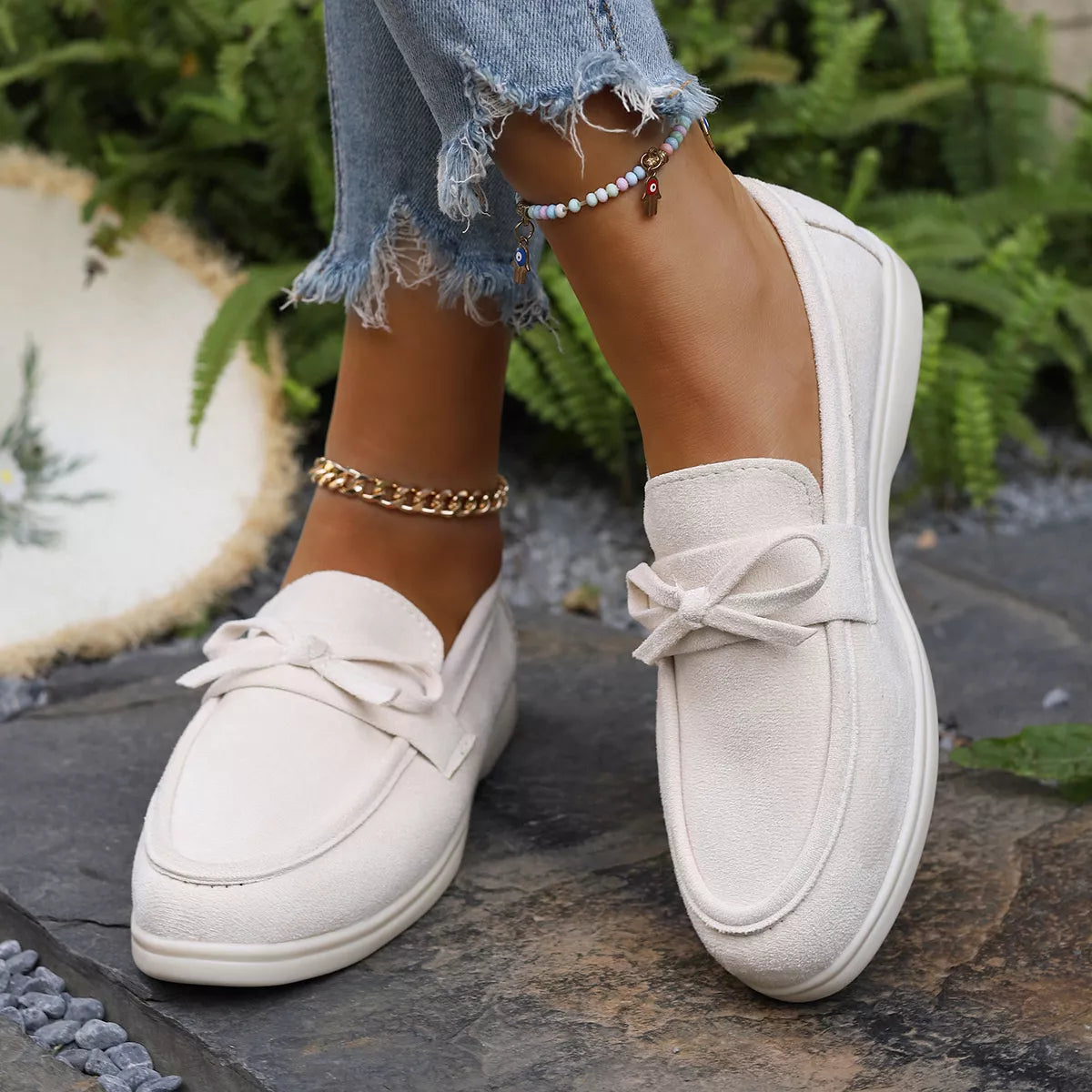 Women's Gray Suede Bow Slip-On Flats Round Toe Casual Shoes