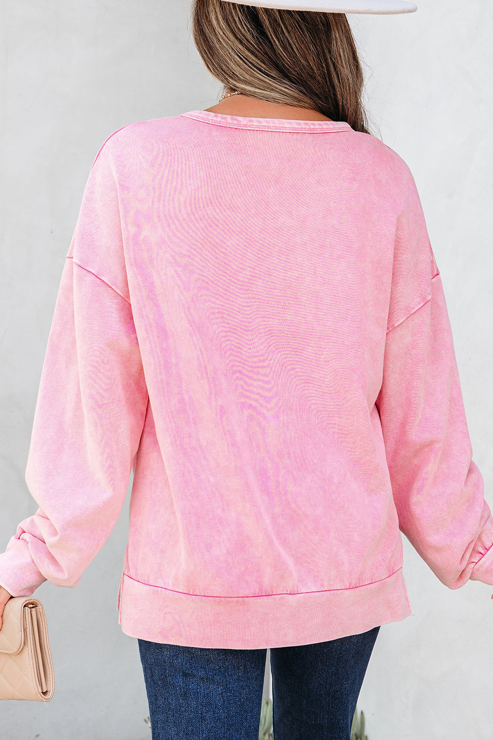 Light French Beige Mineral Wash Big Bow Patchwork Pullover Women's Sweatshirt