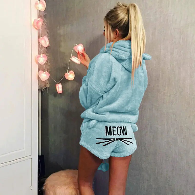 Women's Plush Hoodie and Shorts Pajama Loungewear Set