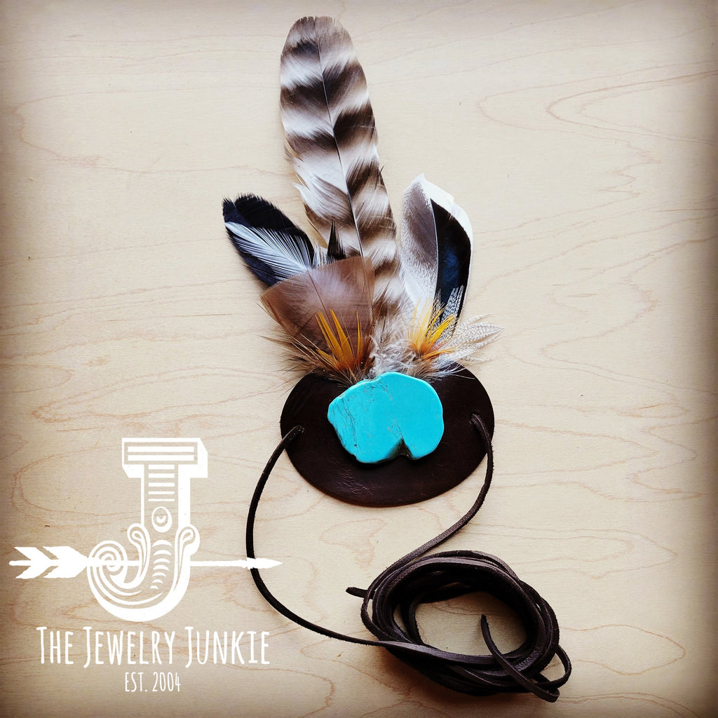 Blue Turquoise, Tan Feather & Leather Hat Band (Band Only) 981a