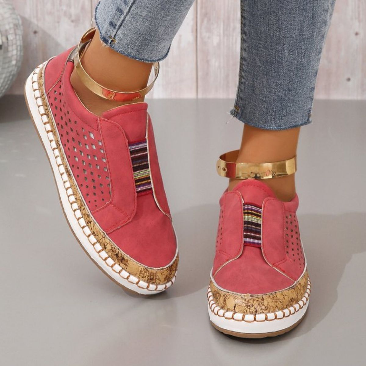 Women's Casual Slip-On Walking Sneakers with Cork Trim Detail