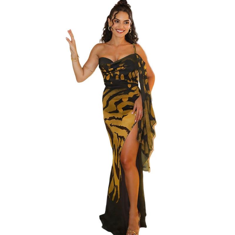 Elegant One Shoulder Printing Color Contrast Mesh Slim Fit Slimming Dress