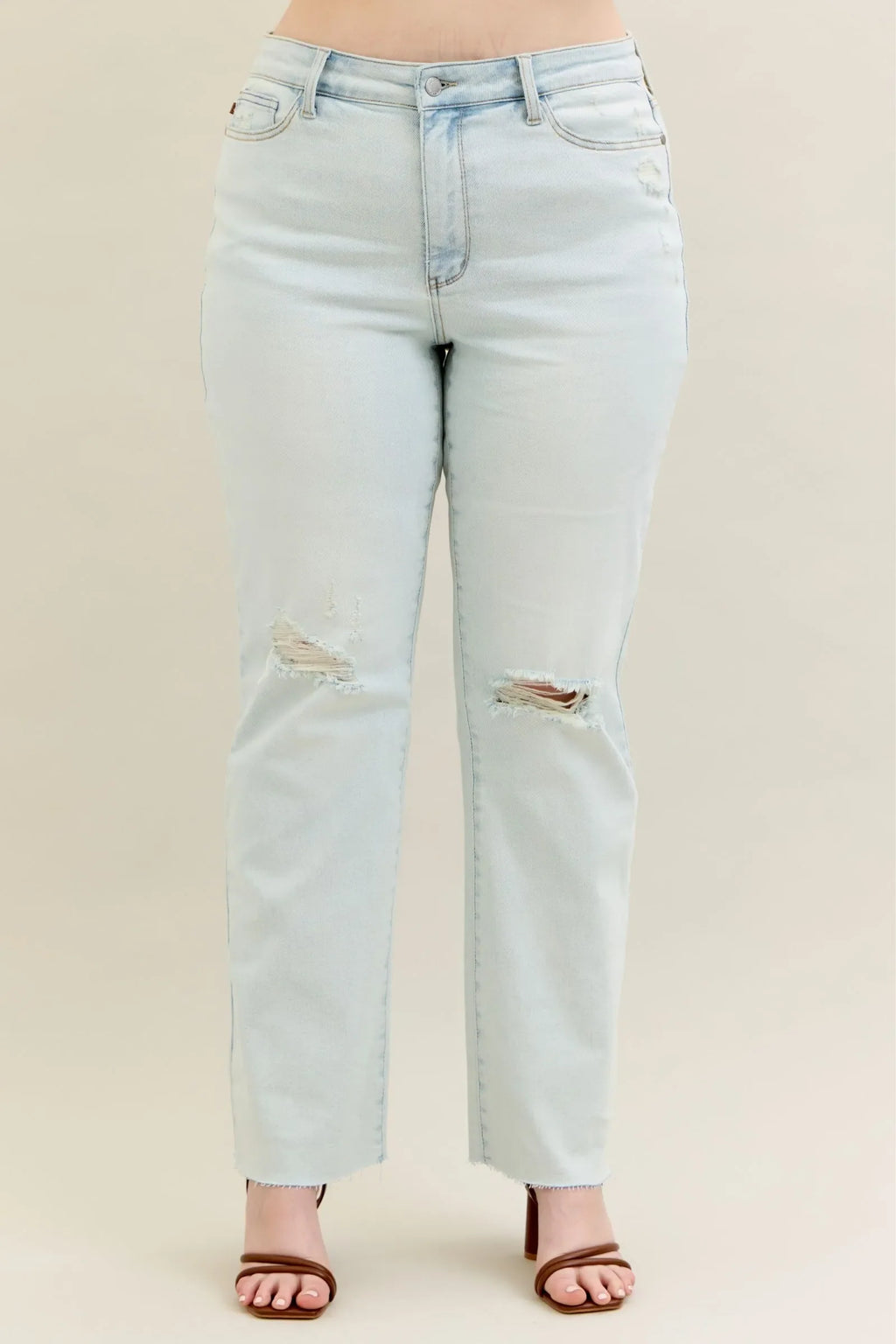 Judy Blue Plus Size Destroy And Fray Hem Bootcut Jeans High Rise Premium Stretch Denim