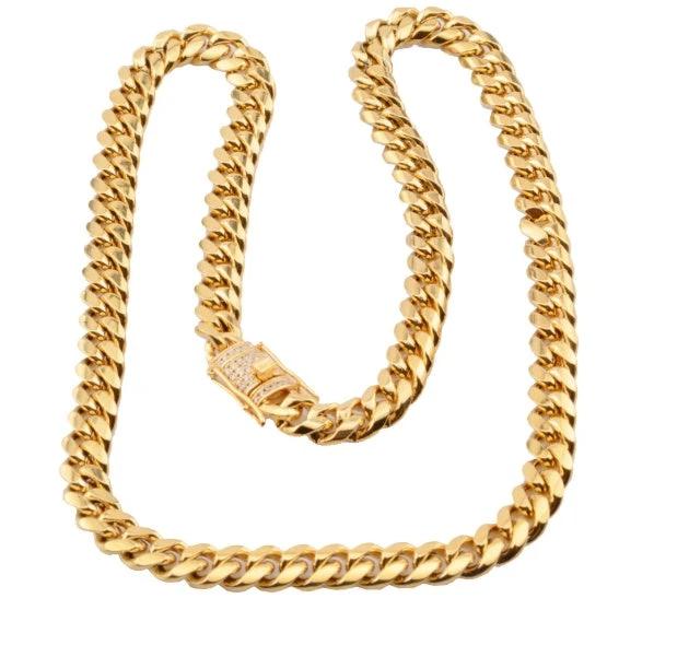 8-18mm Wide Stainless Steel Cuban Chain CZ Zircon Box Lock Necklace
