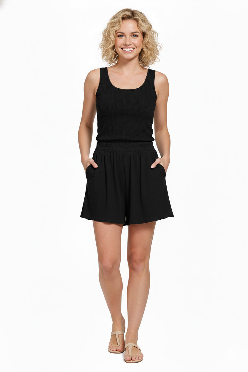 Woven Elastic Band Shorts with Pocket in Black