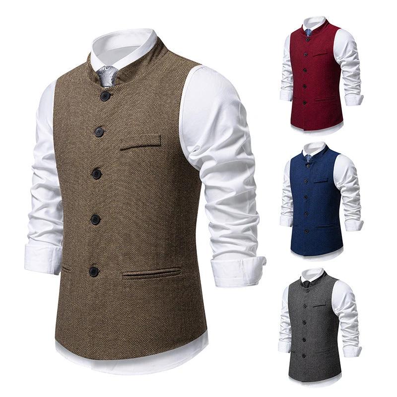 Men's Retro Stand Collar Herringbone Solid Color Suit Vest