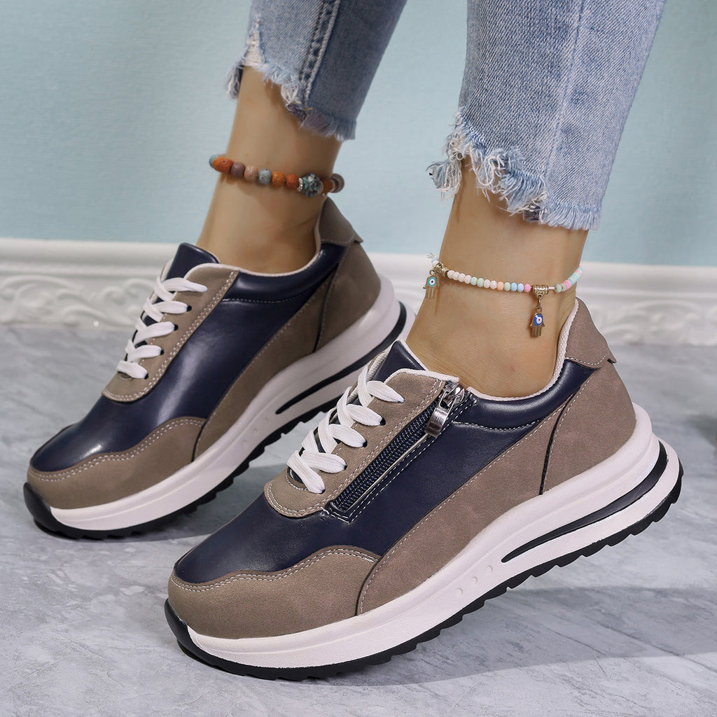 Women's Zipper Detail Lace Up Sneakers Casual Low Heel Shoes