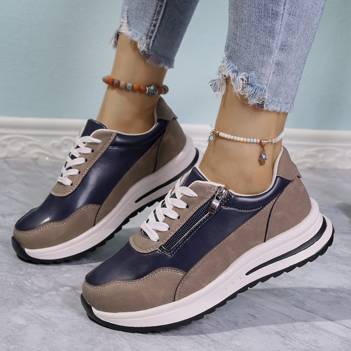 Women's Zipper Detail Lace Up Sneakers Casual Low Heel Shoes