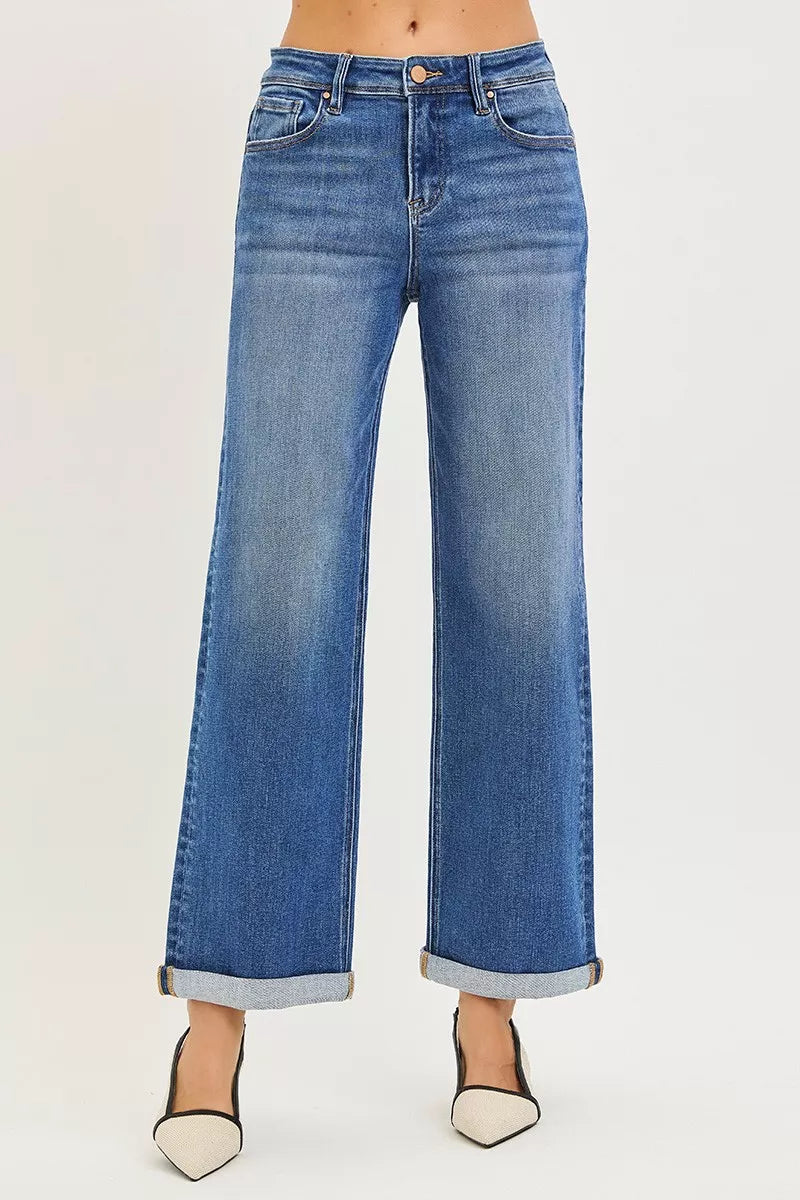 RISEN Plus Size High Rise Jeans With Relaxed Fit Ankle Straight Cuff For Everyday Comfort