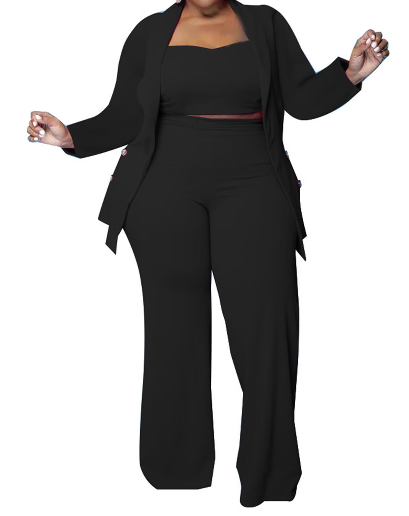 Women Plus Size Pants Suits 3 Piece Set Long Sleeve Blazer Pants Suit Sets Dressy Business Casual Office Work Outfits