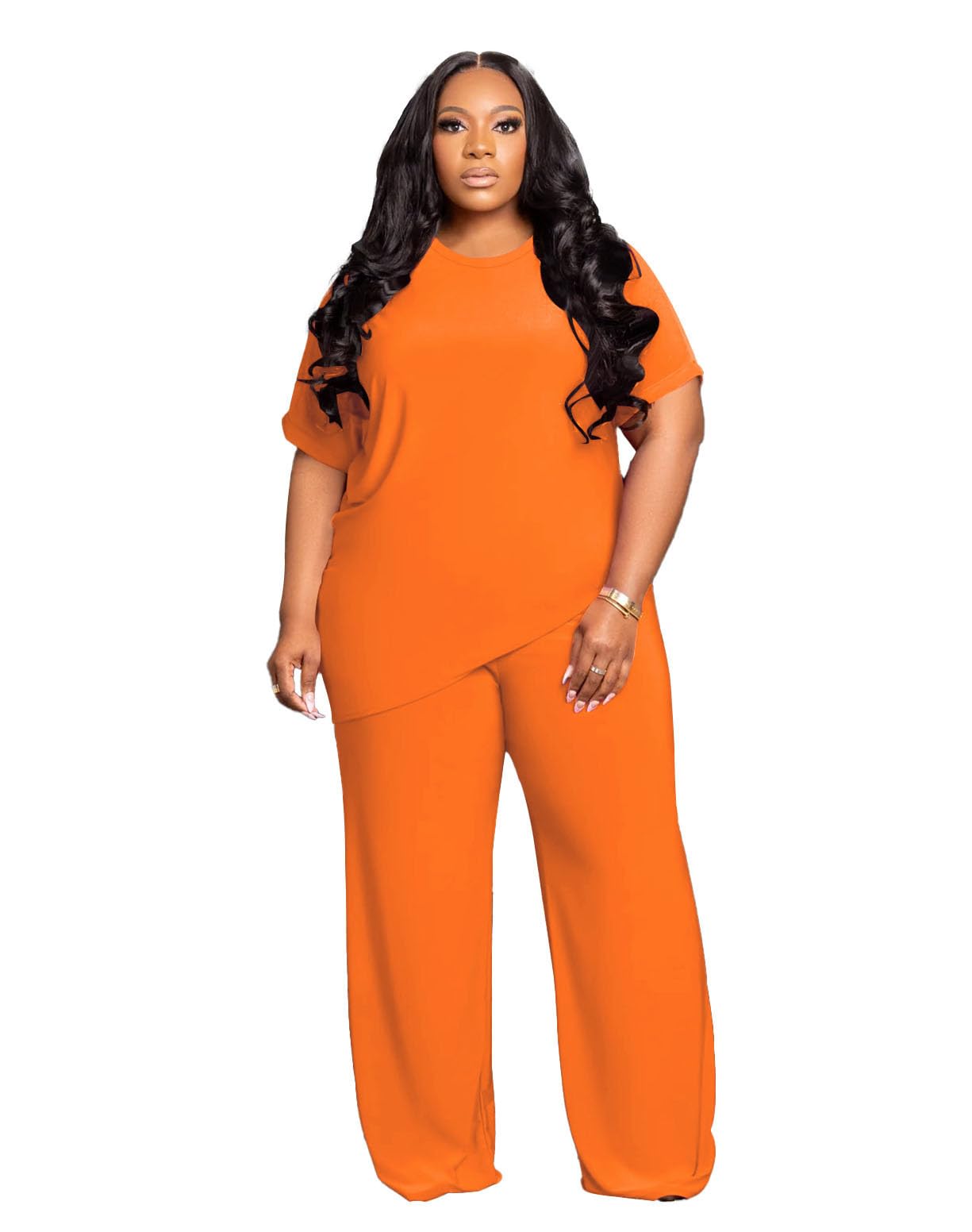 Tycorwd Women's Plus Size Two Piece Outfits Sweatsuits Sets Casual Short Sleeve Tops Loose Wide Leg Pants Tracksuit Sets