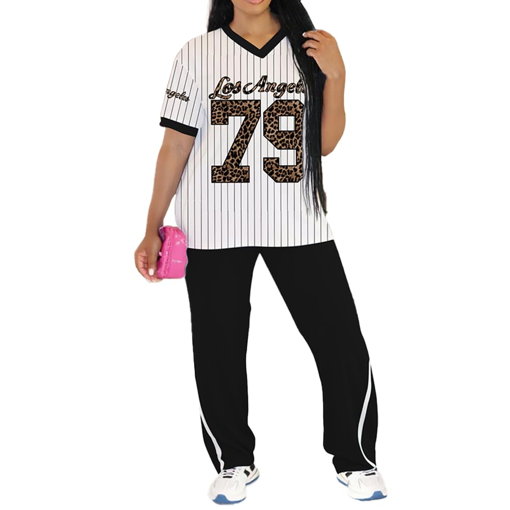 PINSV 2 Piece Sets for Women Summer Casual Outfits Jersey Shirts and High Waisted Pants Sets