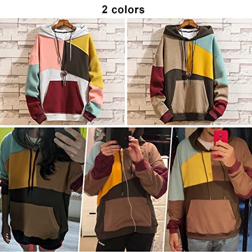 Covisoty Mens Casual Cotton Hoodies Contrast Color Pullover Mens Patchwork Hooded Sweatshirt Casual Long Sleeve