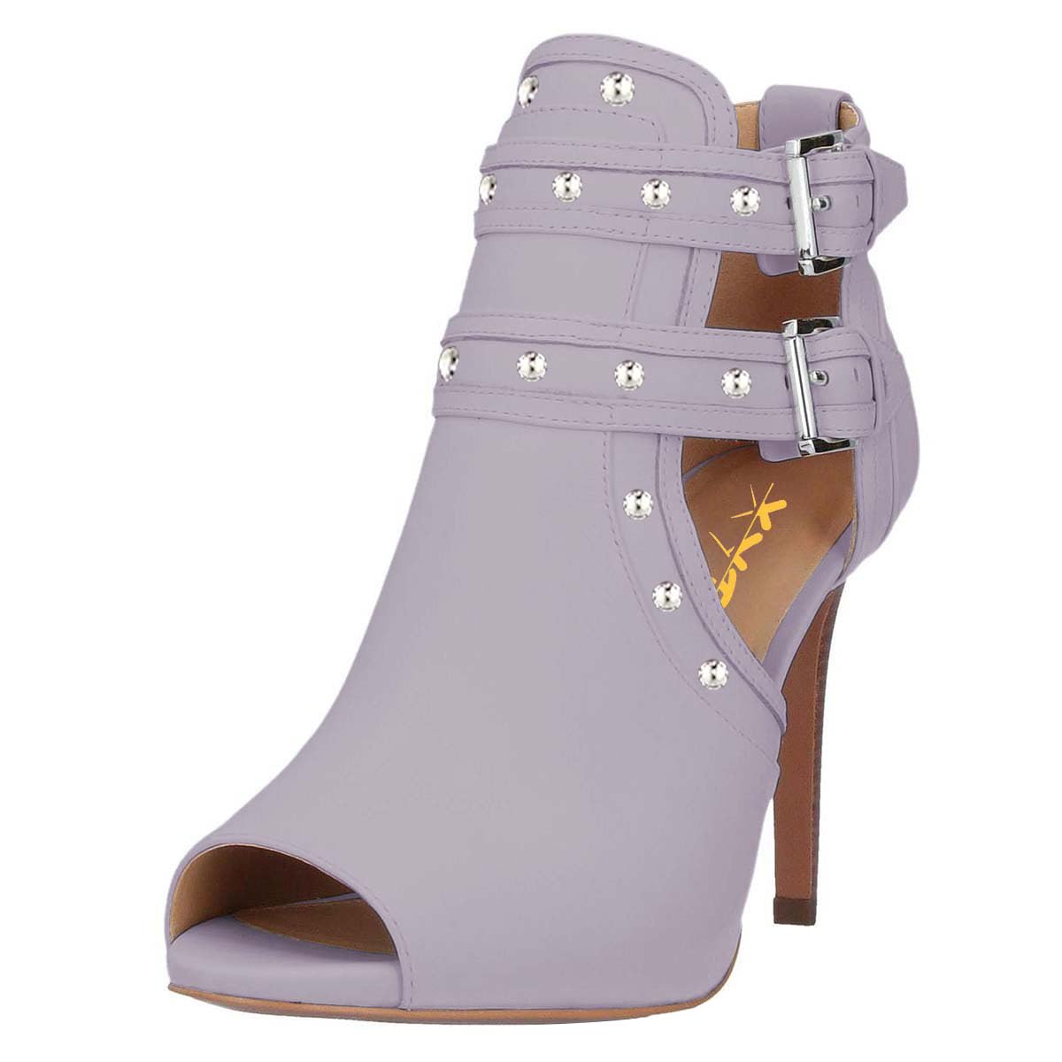 XYD Women Chic Studs Peep Toe Ankle Bootie High Heel Pumps Buckled Double Straps Cutout Fashion Party Shoes