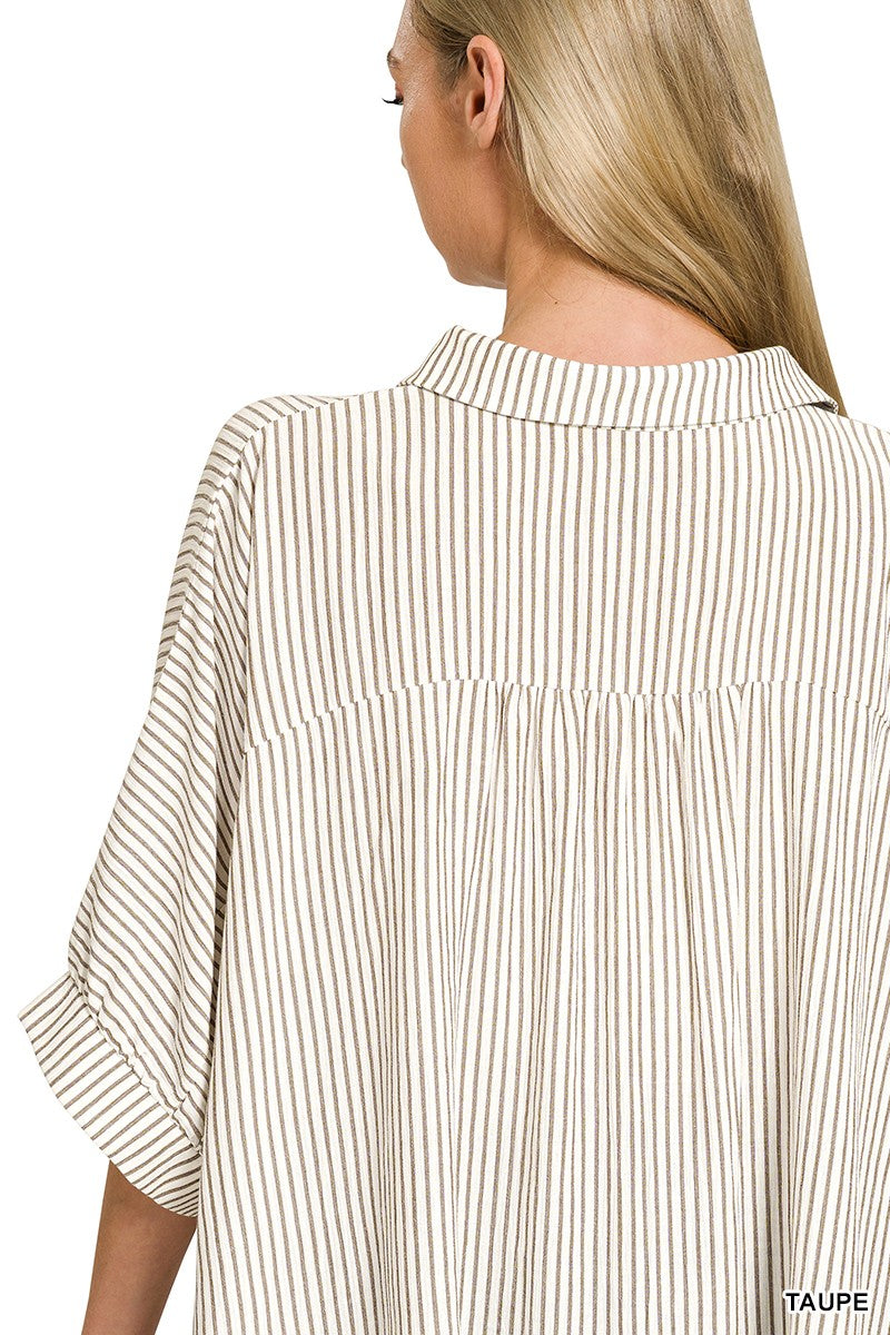Zenana Woven Stripe Button Down Boxy Shirt | Rayon Blend
