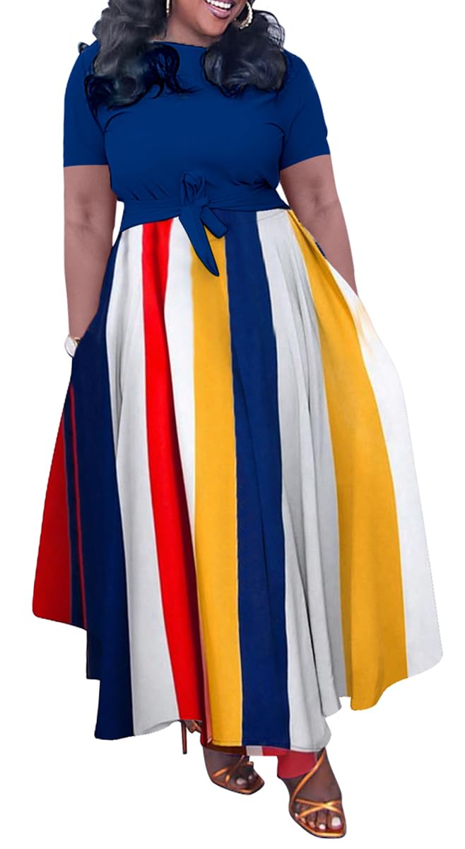 BFFBABY Plus Size Dress A Line Dresses for Women Summer Long Dresses with Sleeve Casual Belted