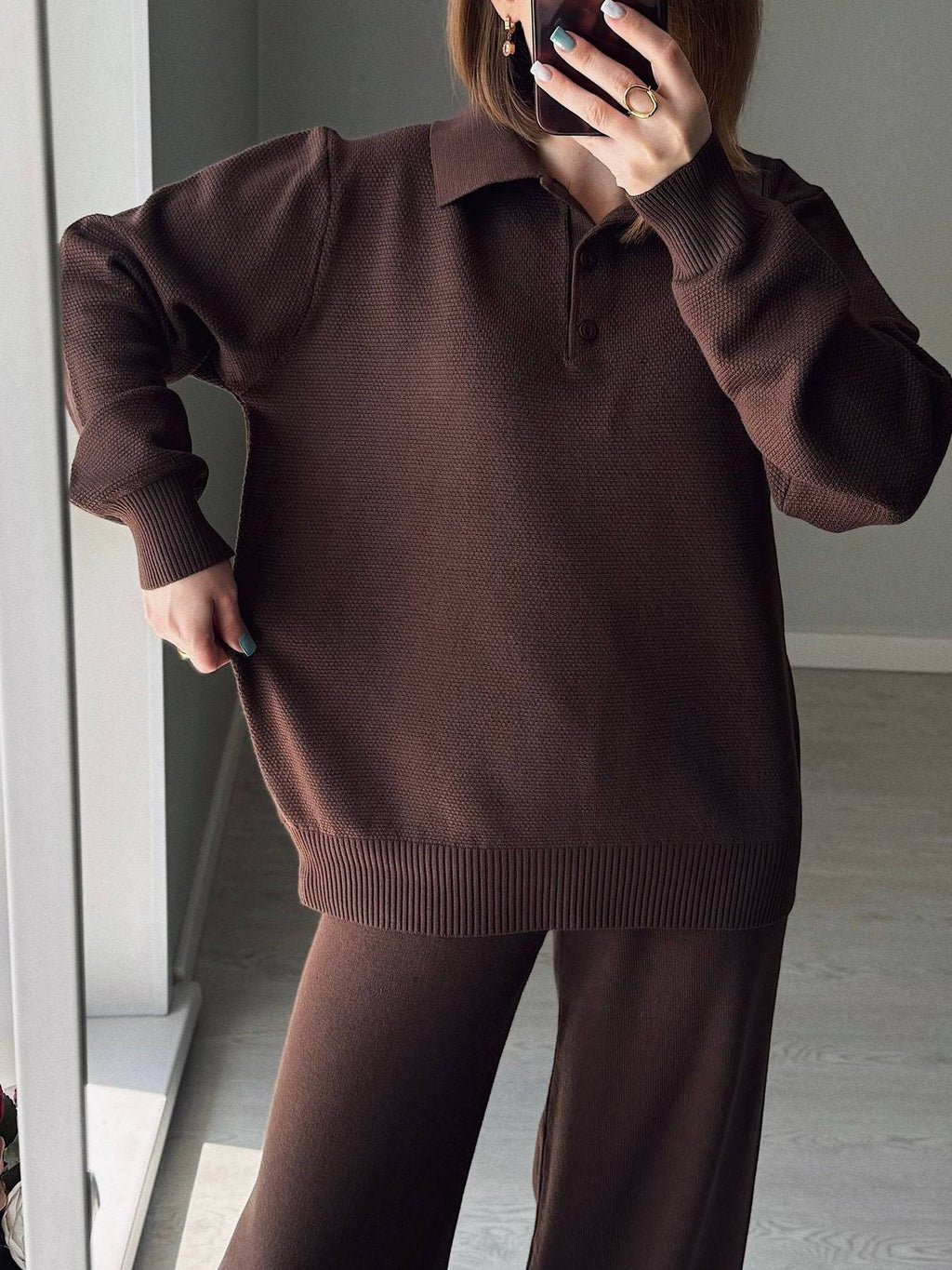 Women's Knit Polo Top and Wide Leg Pants Two-Piece Set