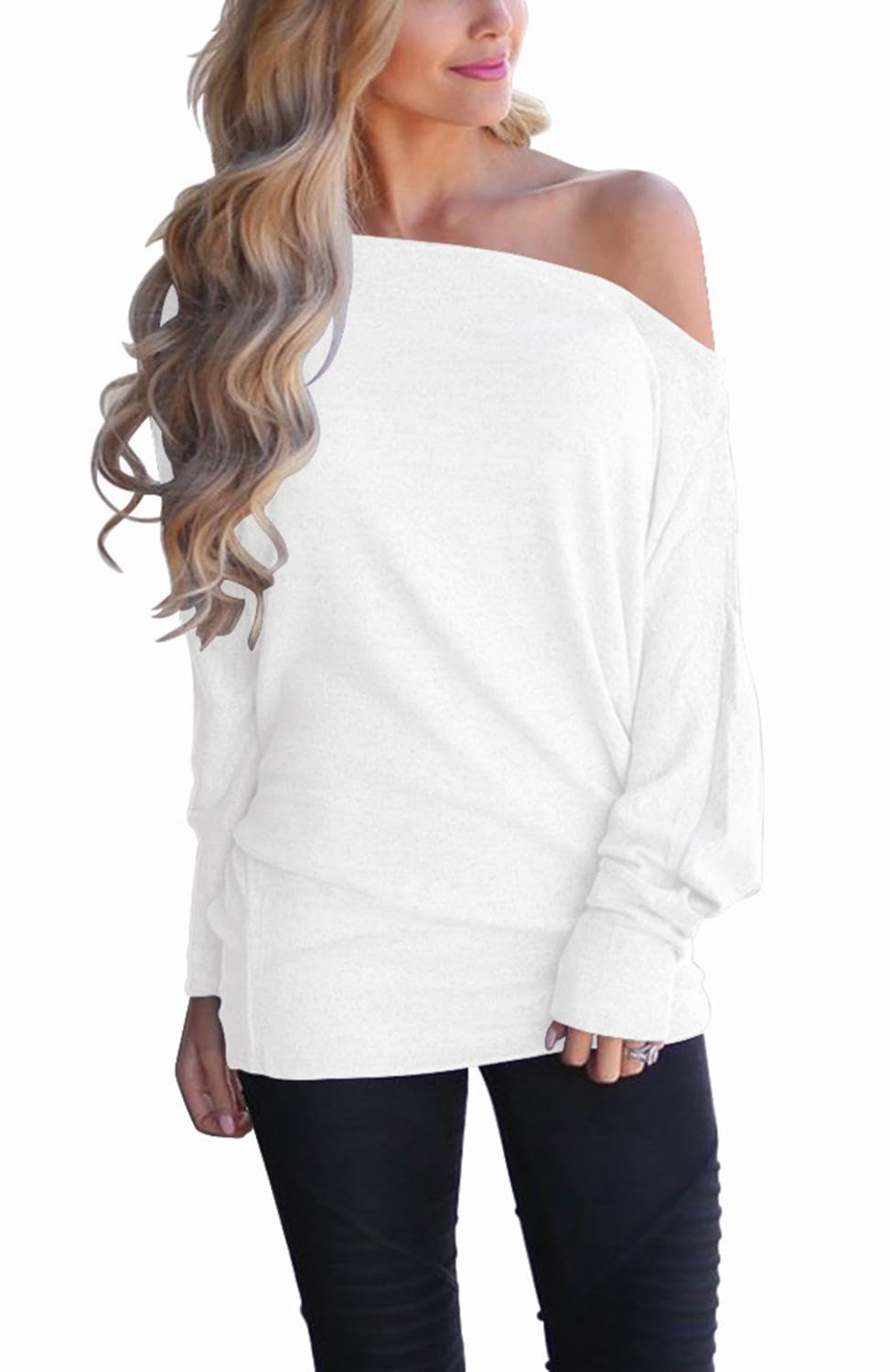 Lacozy Women's Off Shoulder Long Sleeve Oversized Pullover Sweater Knit Jumper Loose Tunic Tops