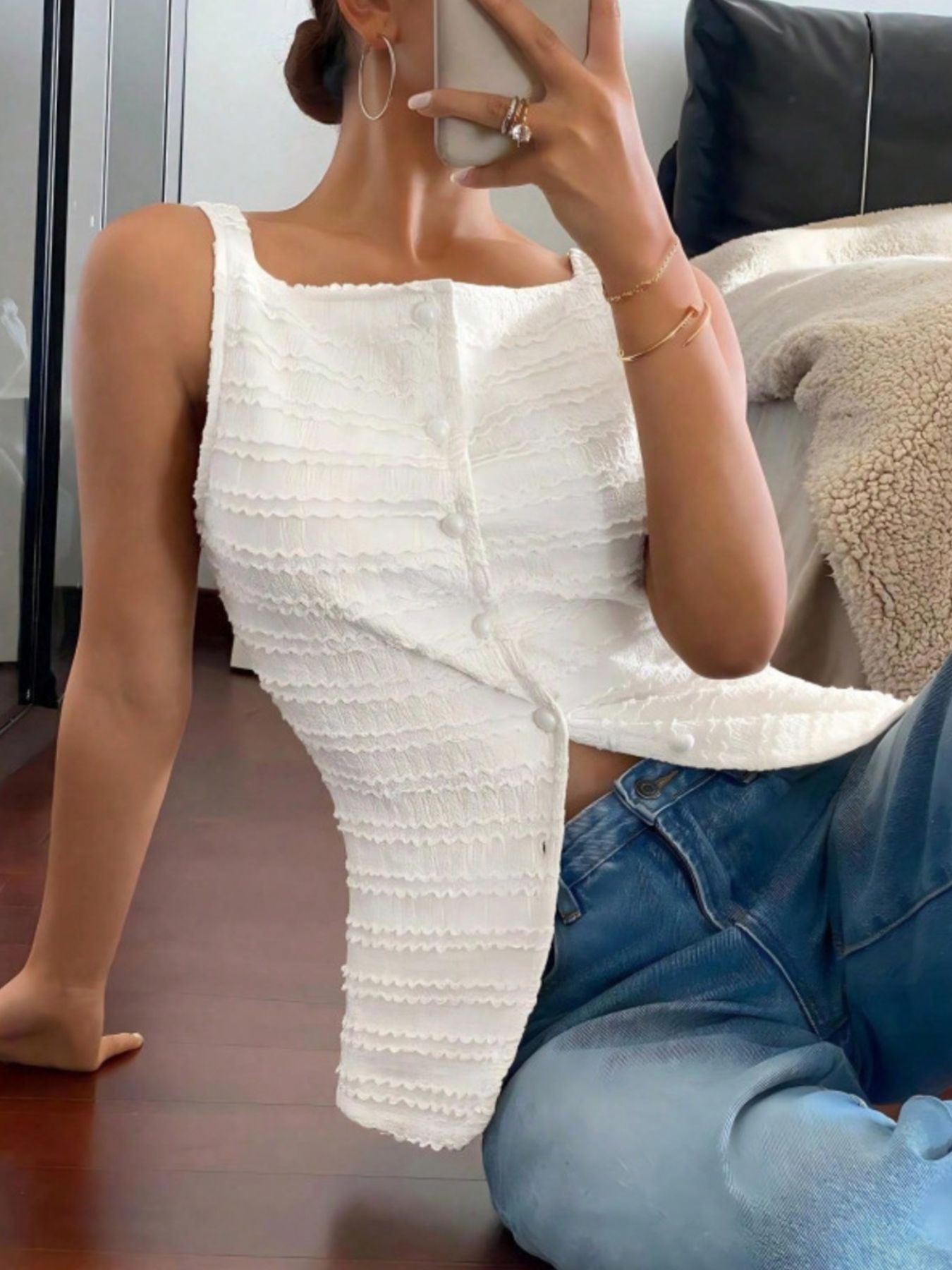 Women's Textured Button-Front Knit Tank Top