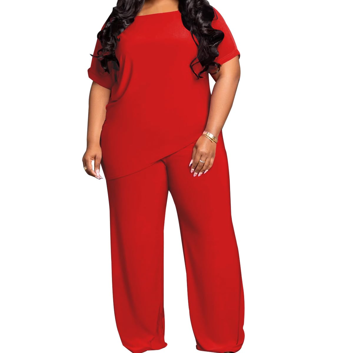 TOPSRANI Womens Plus Size Two Piece Outfits Sweatsuits Casual Tracksuit Short Sleeve Loose Baggy Wide Leg Long Pants Sets