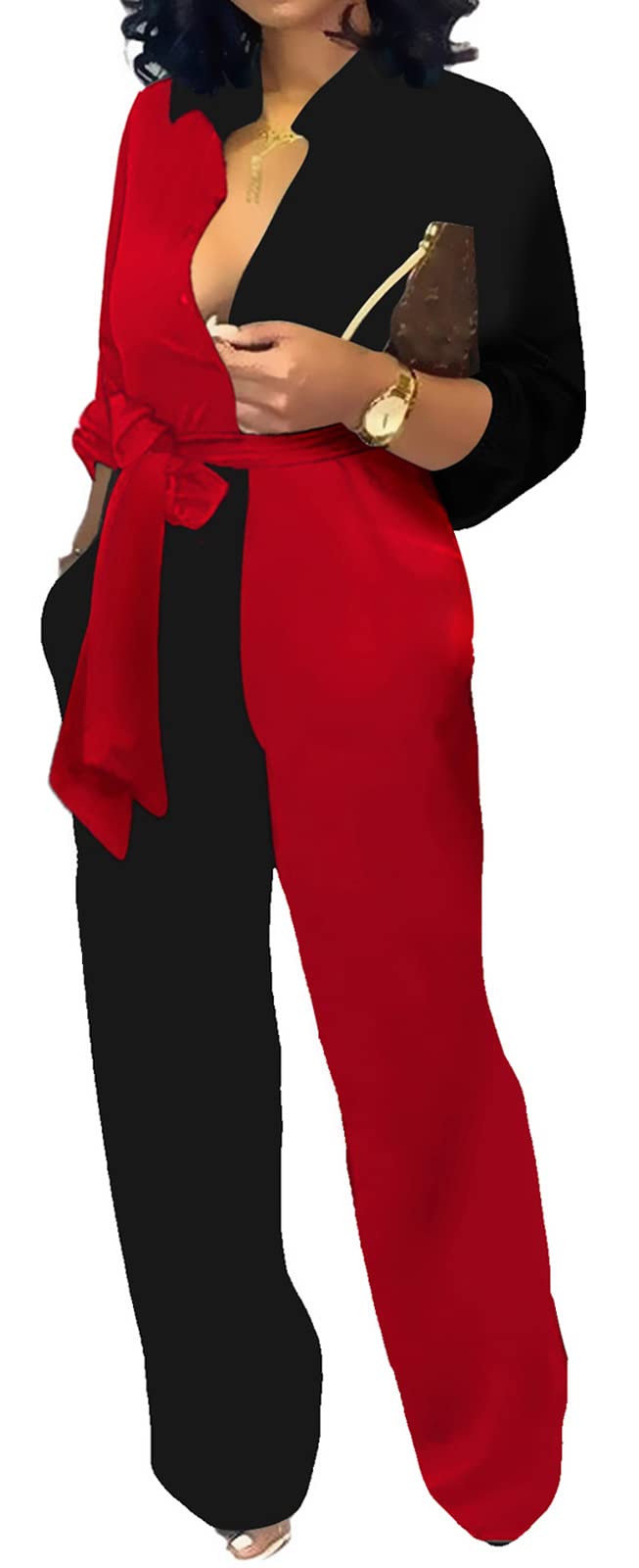 SeNight Women's Jumpsuits Elegant Business Casual Button Down V Neck Long Sleeve Strap Straight Long Pants With Pockets