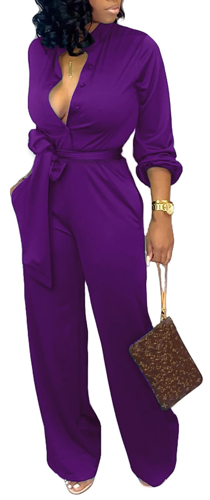 SxClub Jumpsuits for Women Formal Sexy Elegant Long Straight Pants Busineess Party Jumpsuit with Belt Pockets