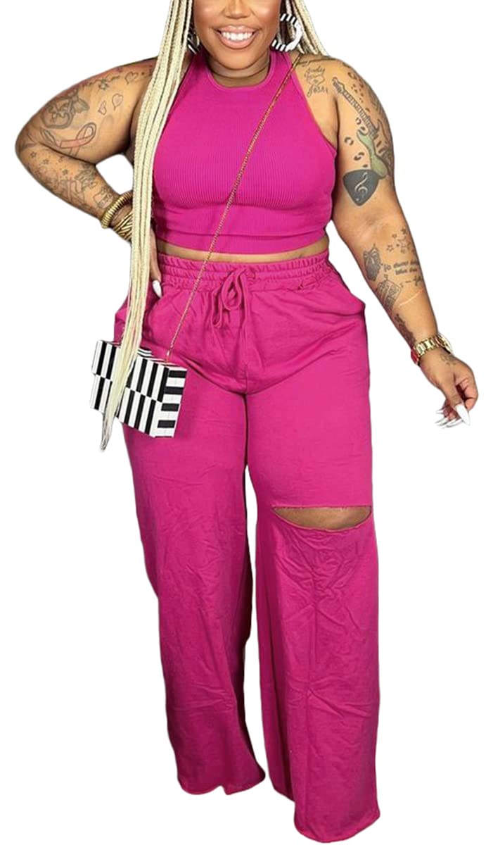 2 Piece Outfits for Women Pure Color Sleeveless Ribbed Knit Tank Top Ripped Wide Legs Long Pants Tracksuit Sport Set