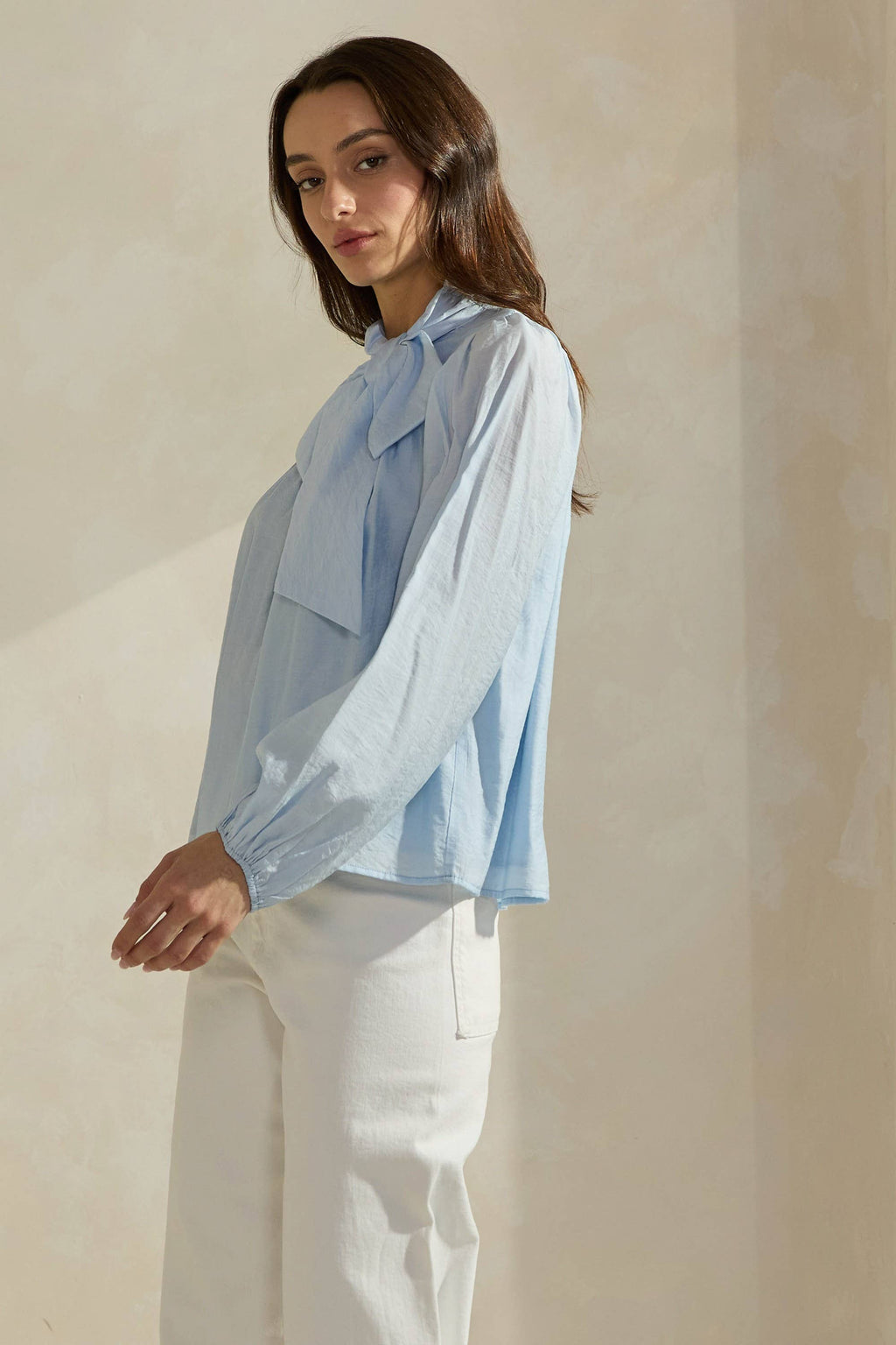 Sky Blue Bow-Tie Neck Cotton Blouse