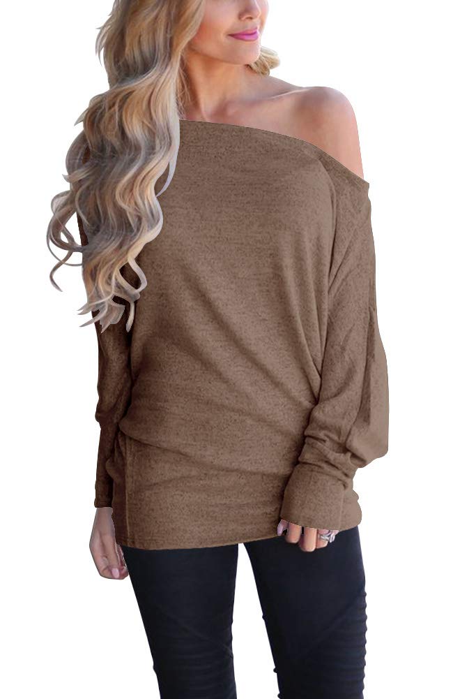 Lacozy Women's Off Shoulder Long Sleeve Oversized Pullover Sweater Knit Jumper Loose Tunic Tops