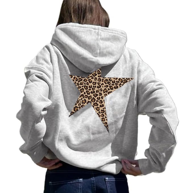 heyheyshine Star Graphic Hoodies Oversized Y2k Leopard Print Hooded Sweatshirt Cheetah Hoodie Streetwear Unisex Pullover Tops