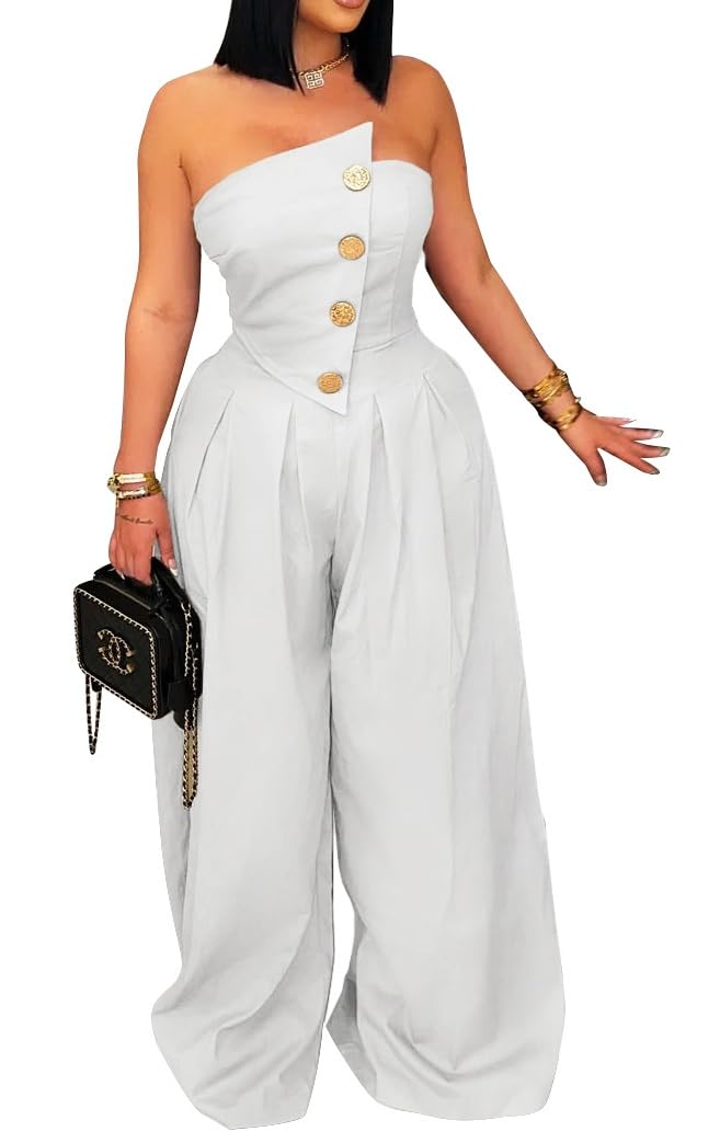 BOKITECAO Womens Cargo Jumpsuit Sexy Strapless One Piece Outfit Off Shoulder Top Ruched Wide Leg Rompers Overalls