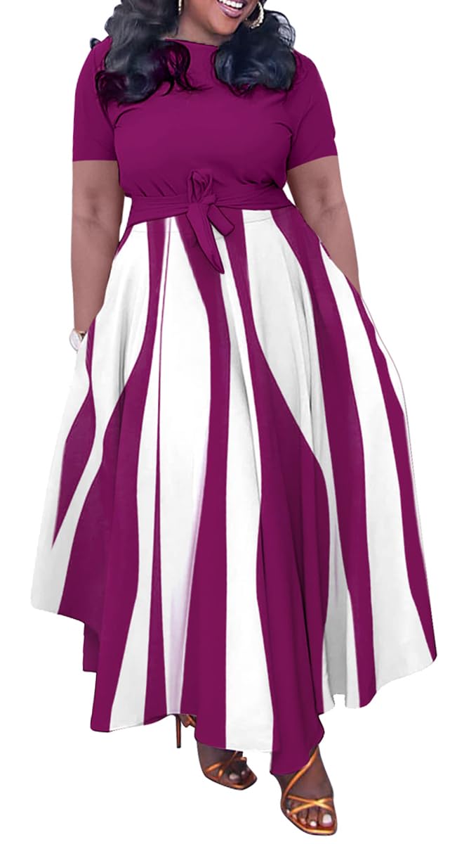 BFFBABY Plus Size Dress A Line Dresses for Women Summer Long Dresses with Sleeve Casual Belted