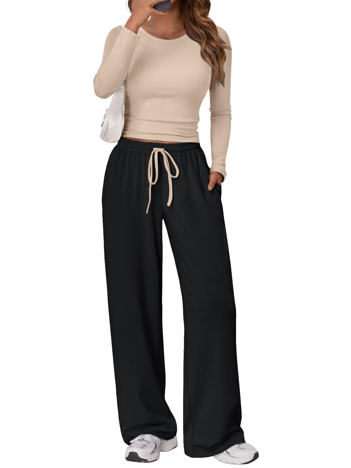 Trendy Queen Women's 2 Piece Matching Lounge Set Long Sleeve Side Ruching Top Wide Leg Drawstring Pants Set with Pockets