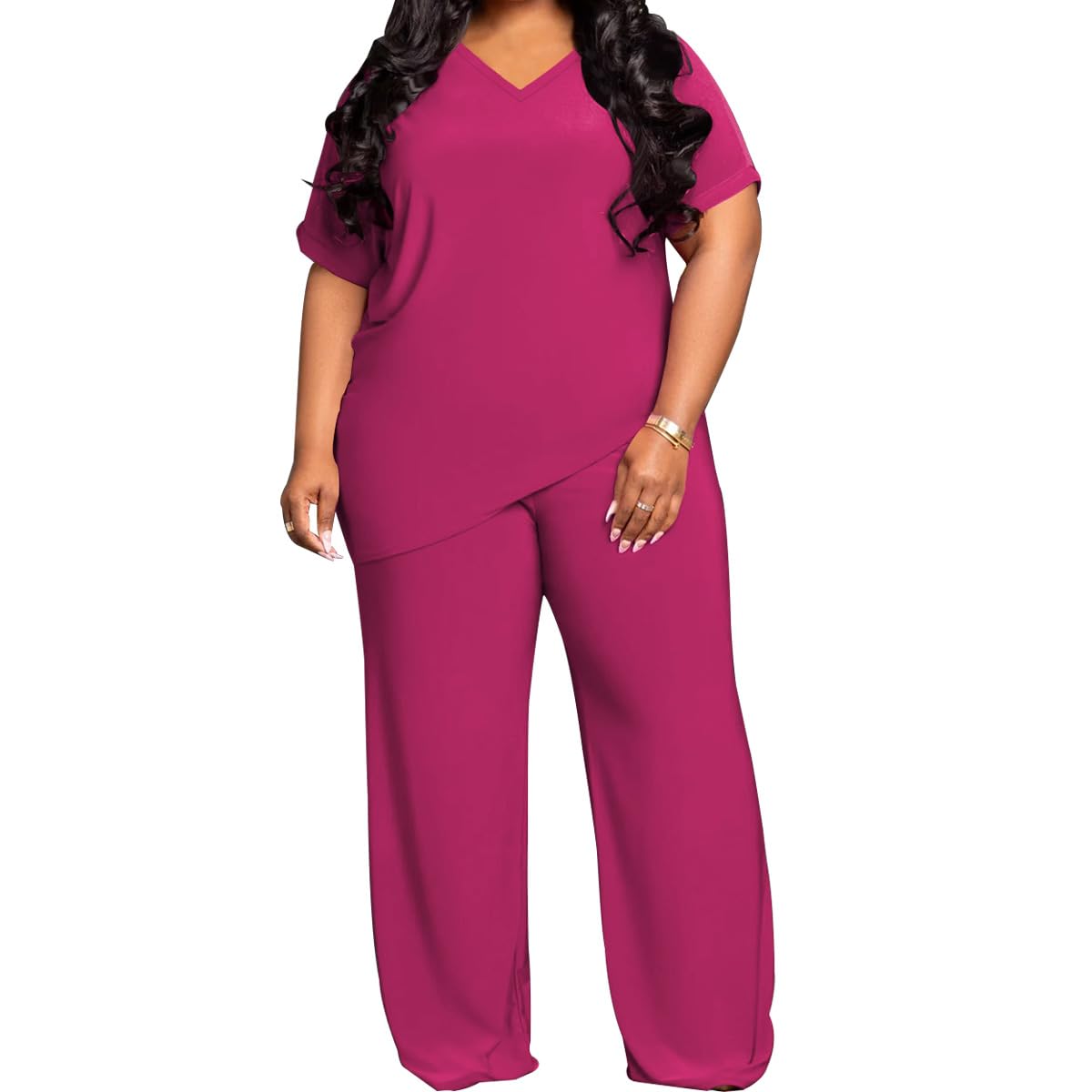 TOPSRANI Womens Plus Size Two Piece Outfits Sweatsuits Casual Tracksuit Short Sleeve Loose Baggy Wide Leg Long Pants Sets