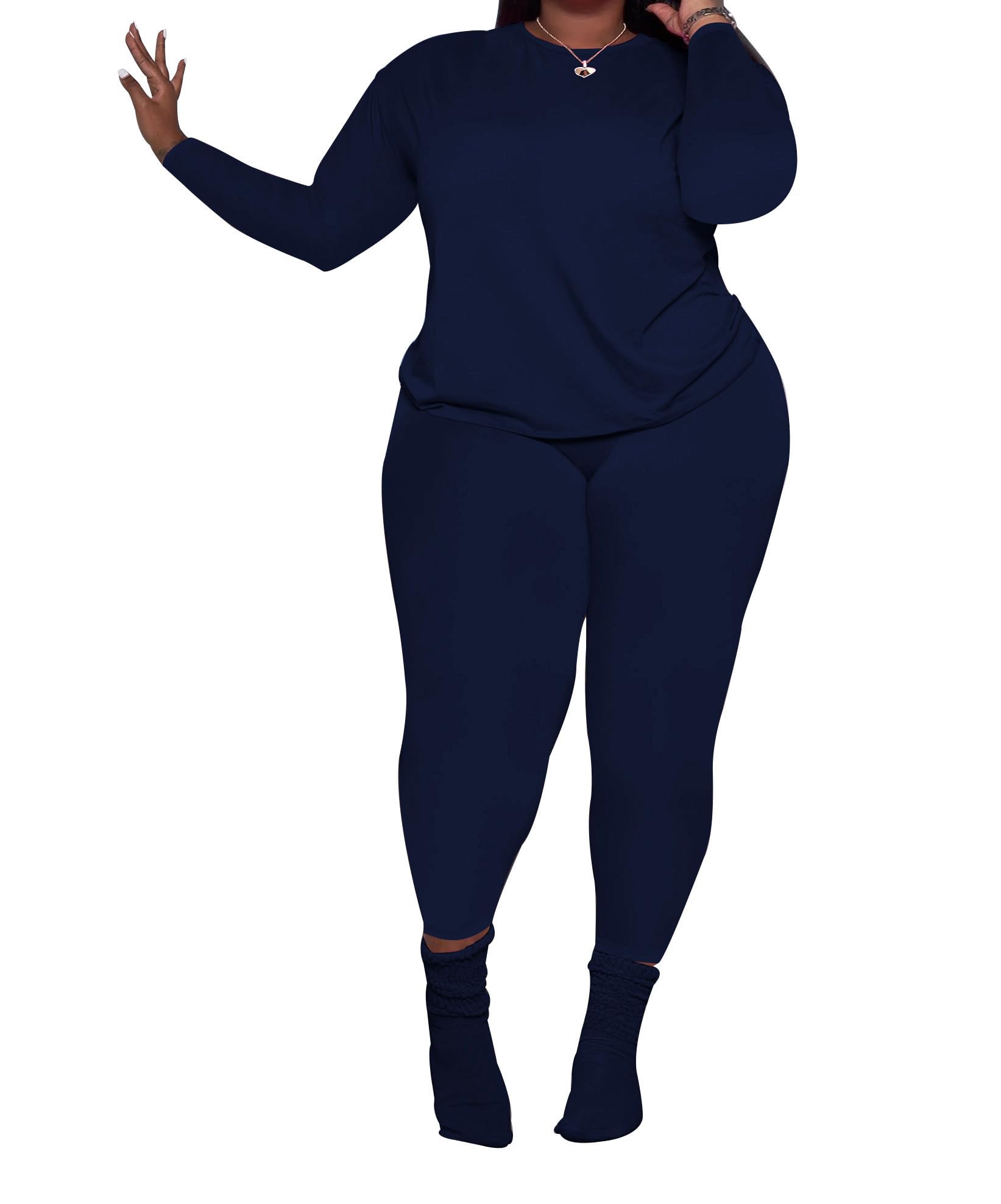 PINSV Women's Plus Size 2 Piece Outfits Tracksuits Long Sleeve Top Pants Sets Sweatsuit