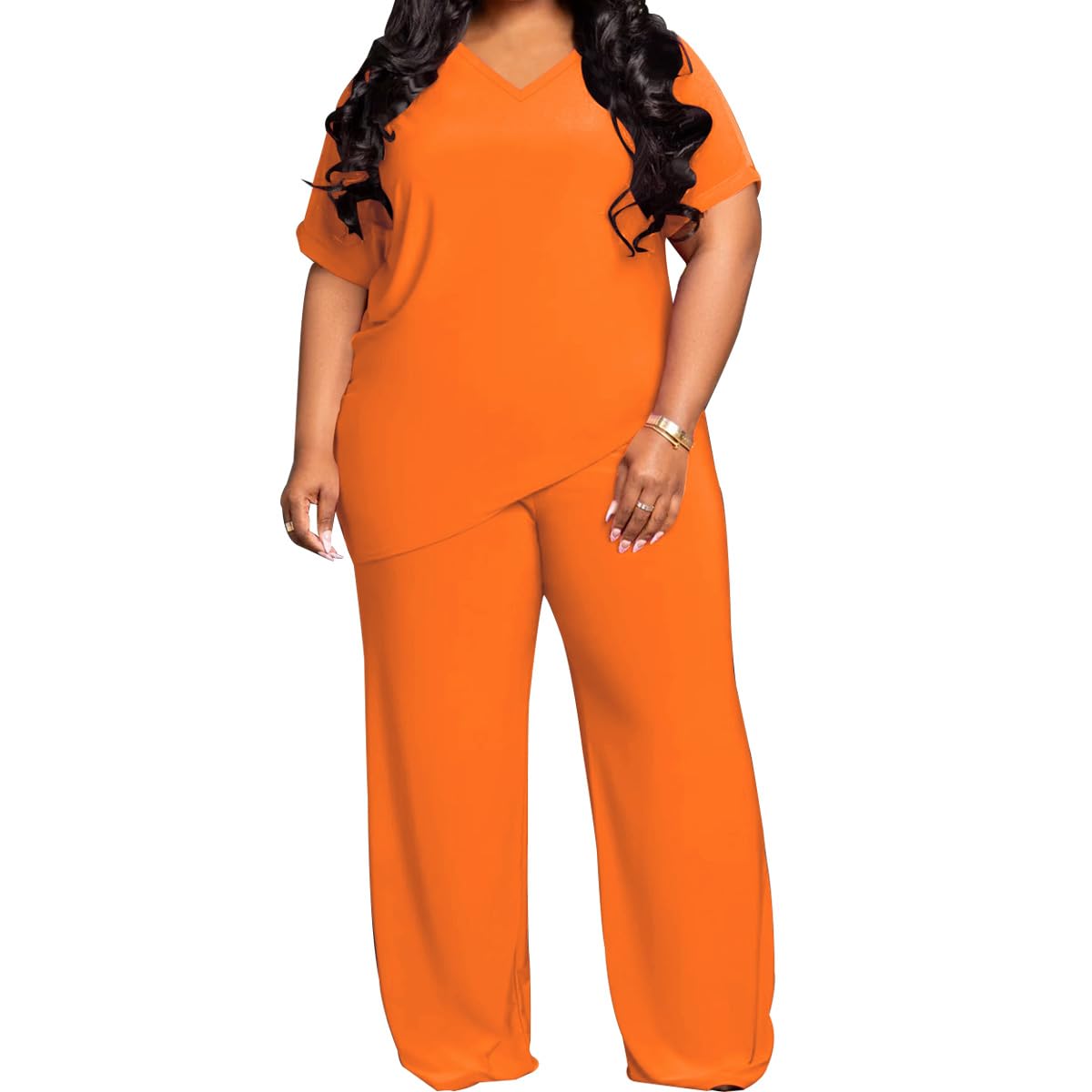 TOPSRANI Womens Plus Size Two Piece Outfits Sweatsuits Casual Tracksuit Short Sleeve Loose Baggy Wide Leg Long Pants Sets