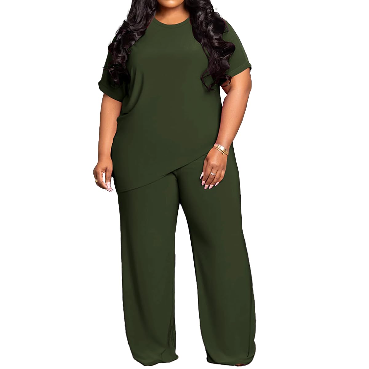 TOPSRANI Womens Plus Size Two Piece Outfits Sweatsuits Casual Tracksuit Short Sleeve Loose Baggy Wide Leg Long Pants Sets