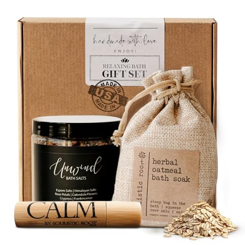 SOULISTIC ROOT Revitalizing Bath Gift - Premium Self-Care Bath & Body Set with Lavender Oatmeal Soak, Tranquil Essential Oil Roller, Epsom Salt Soak, Home Spa Kit, Ready-to-Gift Box