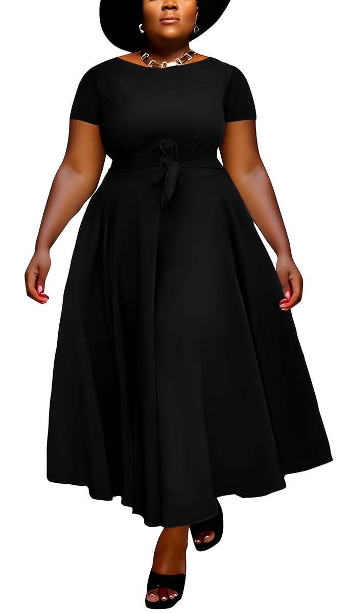 BFFBABY Plus Size Dress A Line Dresses for Women Summer Long Dresses with Sleeve Casual Belted