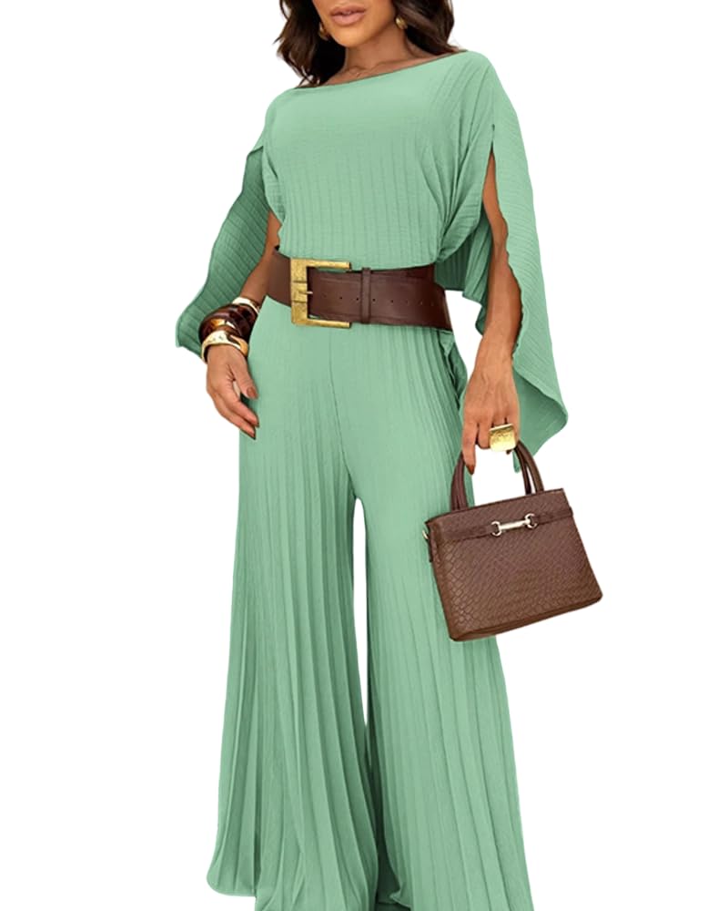 CHICME Women's 3 Piece Pleated Outfits One Shoulder Tops with High Waisted Wide Leg Pants Casual Vacation Outfit