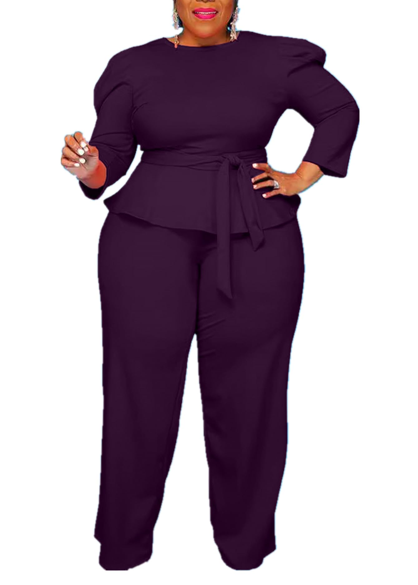 MRSFITOK Plus Size 2 Piece Wide Leg Pants Set for Women Casual Long Sleeve Shirt Long Pant Sets Sexy With Belt