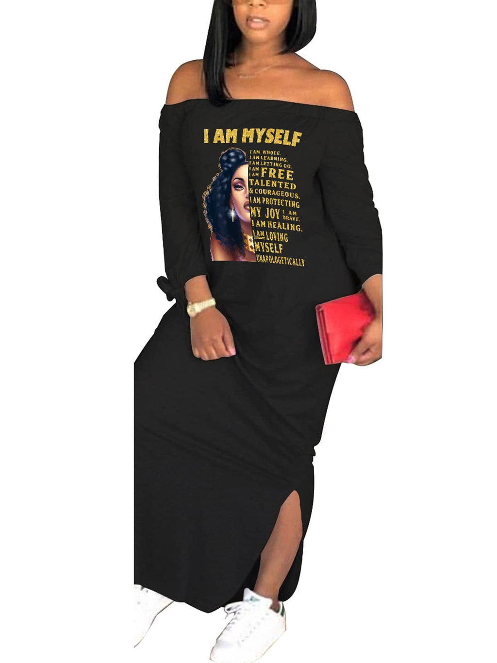 Women's Casual Off Shoulder Maxi Dress - African Print Summer Loose Long Sleeve Tunic T Shirt Dresses with Pockets
