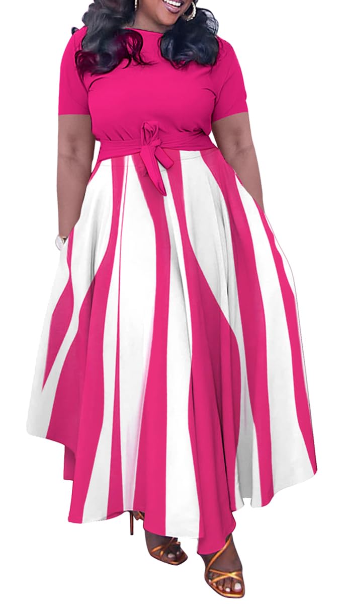 BFFBABY Plus Size Dress A Line Dresses for Women Summer Long Dresses with Sleeve Casual Belted