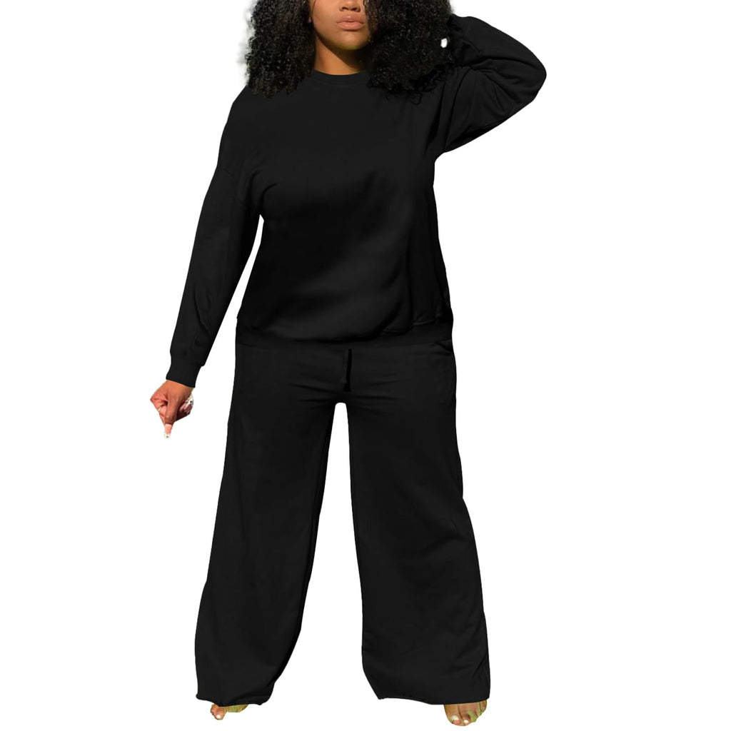 TOPSRANI Womens Plus Size Sweatsuits Tracksuit 2 Piece Outfits Crewneck Lounge Set Long Sleeve Baggy Wide Leg Pant Sets